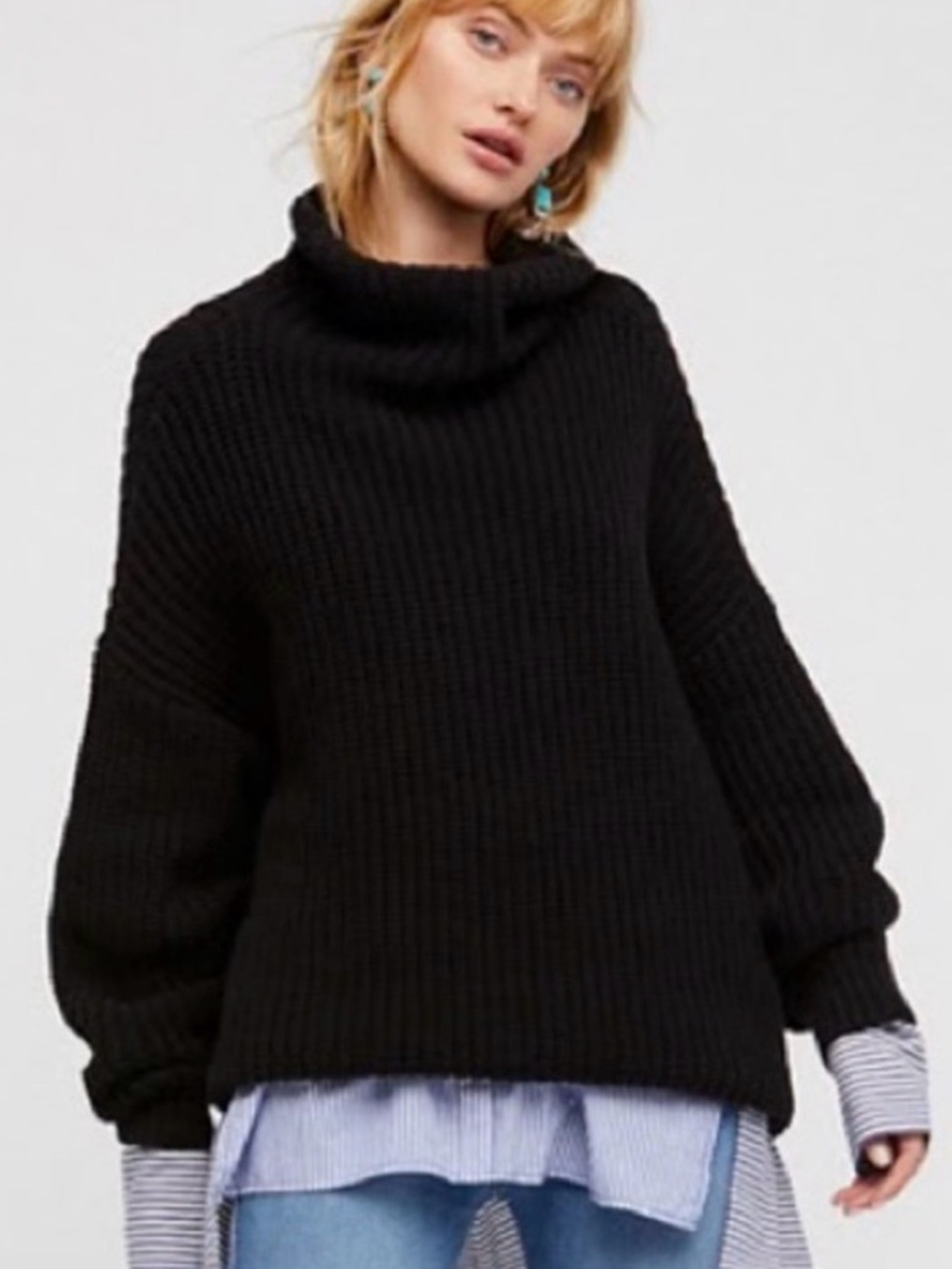 FREE PEOPLE FP Chunky Black Cowl Neck Sweater Oversized Loose Fitting Top
